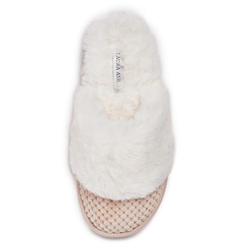 Image of Laura Ashley Womens Plush Memory Foam Wide Collar Fleece Spa Scuff Slippers, Fuzzy Warm Faux Fur Slip On House Shoes Slipper
