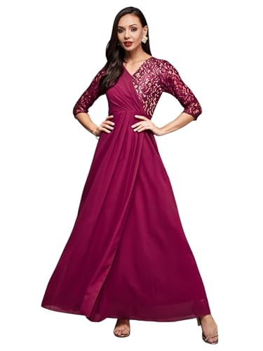 Image of Miss Chase Women's Floral Printed Relaxed Fit V-Neck 3 /4th Sleeve Maxi Dress