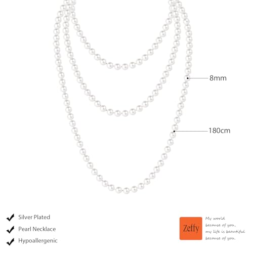Zeffy Long Pearl Necklace 70"/180CM Faux White Pearl Beads Multi Strand Layered Pearl Necklaces for Women Bridal Wedding Party 1920s Gatsby Costume Jewelry2