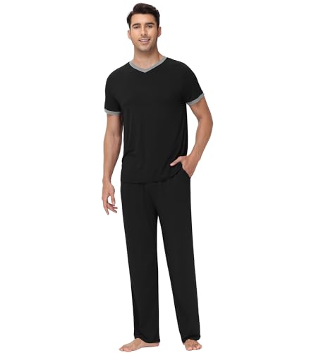 WiWi Mens Pajamas Set Viscose from Bamboo Short Sleeve Sleepwear Knit Nightwear 2 Pieces Loungewear Sets S-XXL