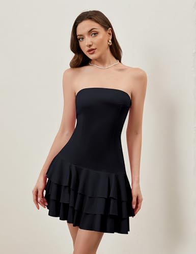 Image of Meladyan Women's 2025 Summer Strapless Tube Dress Sexy Off Shoulder Ruffle Tiered Flowy Mini Dresses Black