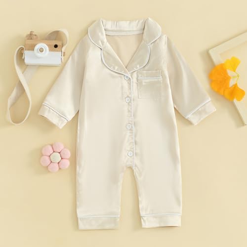 BULINGNA Infant Baby Girl Boy One Piece Pajamas Jumpsuit Long Sleeve Button Down Satin Silk Pjs Sleepwear Onesie2