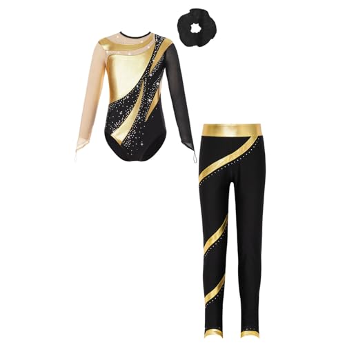 ranrann Enfant Fille Justaucorps Legging et Elastique des Cheveux Tenue Gymnastique Patinage Artistique Danse Costume Spectacle A Or&Noir 7-8 ans