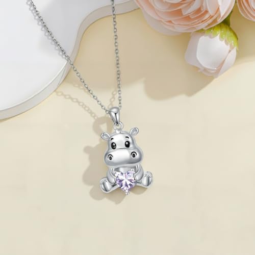 Image of PROESS Animal Birthstone Necklace 925 Sterling Silver Otter /Axolotl /Hippo /Elephant /Dachshund /Monkey /Red Panda Pendant Necklace Animal Birthstone Jewelry Gifts for Women