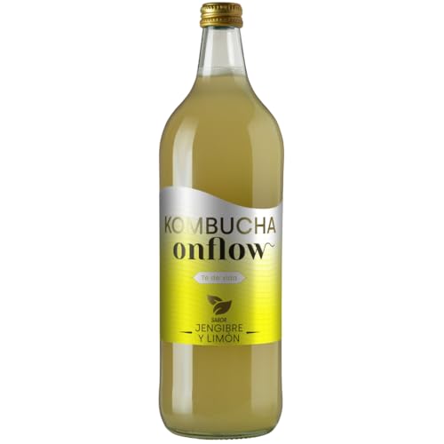 Kombucha Natural Onflow, Té Kombucha Sin Azúcar, Sabor Jenjibre y Limón, Pack 4 Botellas x 1L