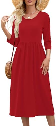 Heymoments Women's Casual 3/4 Sleeve Midi Dress Crewneck A Line Tiered Flowy Loose Travel 2025 Long Dresses with Pockets