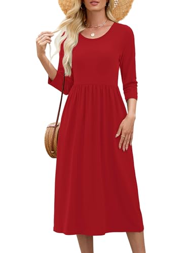 Image of Heymoments Women's Casual 3 /4 Sleeve Midi Dress Crewneck A Line Tiered Flowy Loose Travel Long Dresses with Pockets
