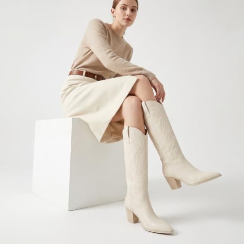 Image of WIRALOMI Cowboy Boots for Women Knee High Western Chunky Heel | Faux Suede Cowgirl Boots with Pointed Toe and Block Heel