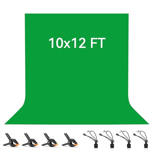 Green Screen Backdrop 3x3.6 M/10x12 FT, Vevelux 100% Polyester Photography Background with 4 Spring Clamps & 4 Anti-Wrinkle Backdrop Clips Foldable Green Screen for Studio Photo Video Shooting