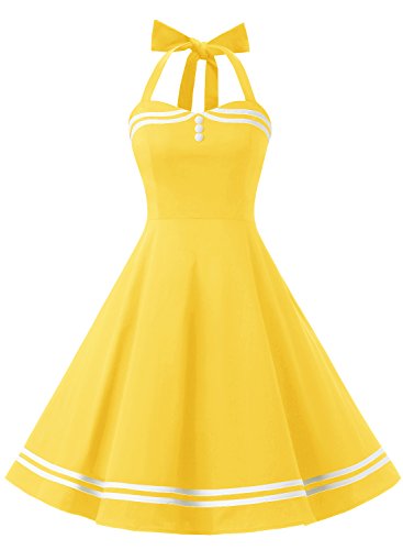 Timormode Vestido Cóctel Corto Vintage 50s Cuello Halter Vestido De Fiesta Rockabilly Mujer Amarillo L Cover