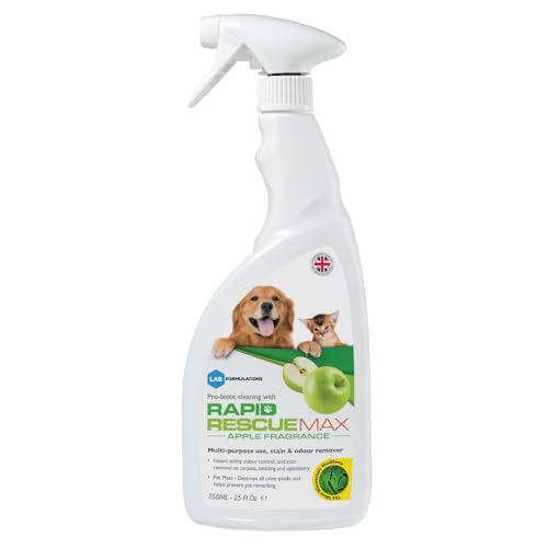 Rapid Rescue MAX Pet Stain and Odour Remover, Urine Neutraliser - Apple Fragrance | Natural Microbe Enzyme Cleaner Spray - Fast-Acting Pet Odour Eliminator for Carpets, Wood Floors, Cars, Rugs - 750ml