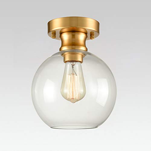 Image of 7.87 inch Gold Semi Flush Mount Ceiling Light Globe Clear Glass Shade | Mid-Century Modern Ceiling Light Fixture Anti-Rust for Living Room Bedroom Hallway