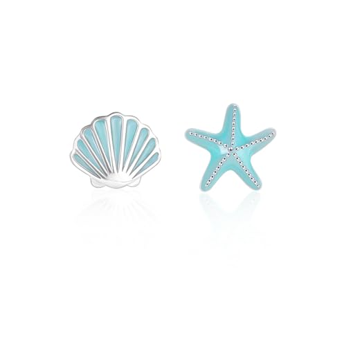Blue Sea Shell Starfish Asymmetric Stud Earrings for Women 925 Sterling Silver Tiny Small Star Enamel Seashell Huggie Studs Earring Cute Jewelry Gifts Summer Beach Hypoallergenic