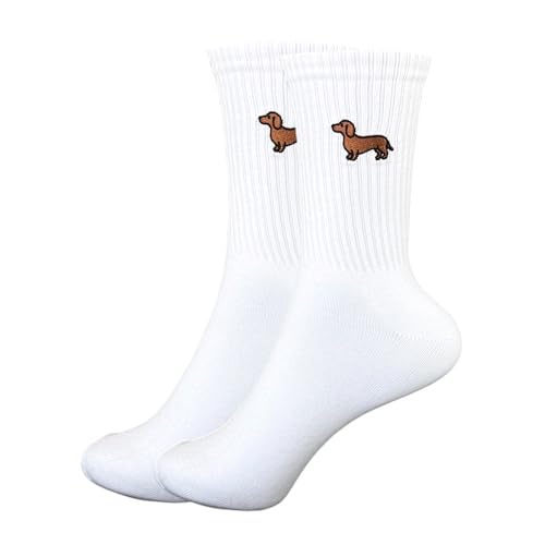 Tindo Dackel Socken Damen Herren – Weiße Crew Socken mit Dackel Stickerei – Lustige Hundemotiv Socken – Retro Streetwear Unisex – Bequeme Baumwollsocken & Geschenkidee für Tierliebhaber