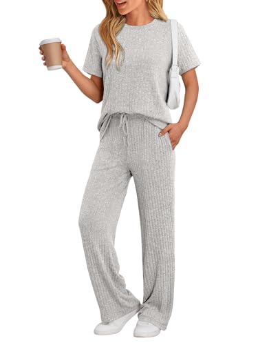 Image of LILLUSORY Womens Lounge Sets 2 Piece Matching Travel Outfits | Lightweight Ribbed 2 Piece Set, Breathable, Stretchy, Wrinkle-Resistant, Travel Ready, Versatile