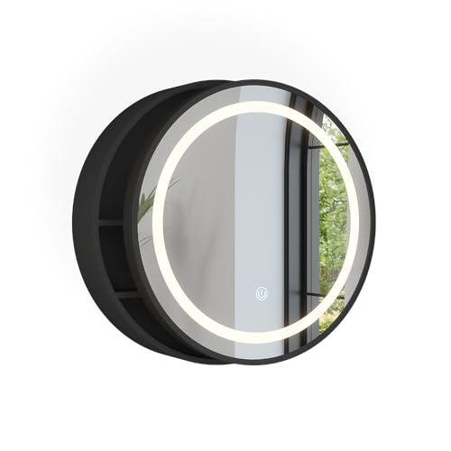 Vicco Badspiegelschrank Silva, Schwarz, 50 x 50 cm mit 5 Aufbewahrungsfächern, zur Wandmontage mit integrierter LED-Beleuchtung