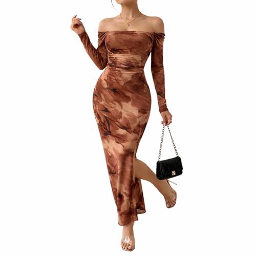 Image of LIGHT DOT Women's Printed Off Shoulder Maxi Dress Long Sleeve Bodycon Ruched Mesh Cocktail Dress