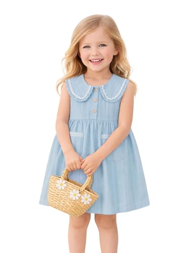 HILEELANG Little Girl Easter Peter Pan Collar Dress Sleeveless Cotton Casual Light Blue Beach School Playwear Sundress Size 7