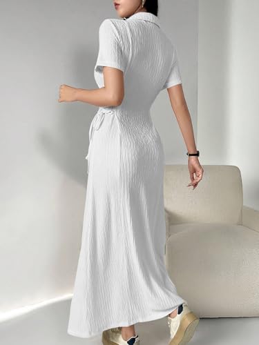 Image of Shasmi Women's Solid Color Applique Lace-Up Collared Short Sleeve, Side-Tie Waist Long Casual Maxi Women Dress Outfit Long Evening Midi Western Party Dress for Women (Dress 211)
