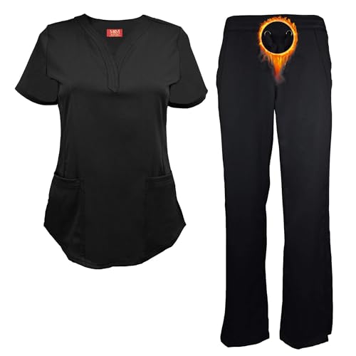 M&M SCRUBS Women's Ultra Soft Drop-Neck 2 Pocket Scrub Set (Black, XX-Large)