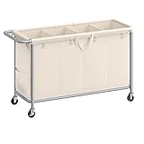 SONGMICS Laundry Basket with Wheels, 4-Section Rolling Laundry Hamper, 68.6 Gallons (260 L), Removable Liner, Steel Frame with Handle, 43.3 x 15.4 x 31.9 Inches, Cream White URLS014W01