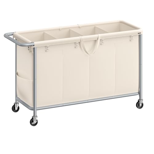 Songmics Home SONGMICS Laundry Basket with Wheels, 4-Section Rolling Laundry Hamper, 68.6 Gallons (260 L), Removable Liner, Steel Frame with Handle, 43.3 x 15.4 x 31.9 Inches, Cream White URLS014W01 Cream