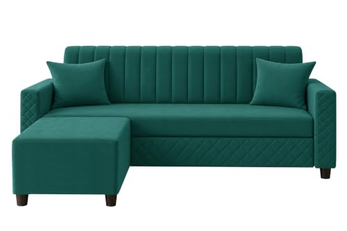 Image of L-Shaped 3 Seater Sectional Sofa with Ottoman | Modern Upholstered Couch | Vertical Channel Tufted Backrest | Diamond Quilted Arms & Base | Comfortable Living Room Furniture - Green