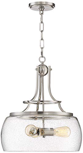Franklin Iron Works Charleston Satin Nickel Pendant Chandelier 16" Wide Rustic Farmhouse Seeded Clear Glass Led 3-Light Fixture For Dining Room House Foyer Entryway Kitchen Bedroom Living Room #TOP4