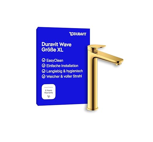Duravit Wave Waschtischarmatur, Größe XL (Auslauf Höhe 236 mm), Wasserhahn Bad, Armatur Waschbecken, Gold Poliert