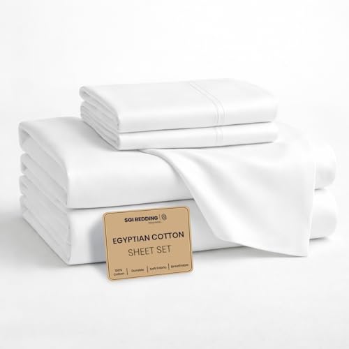 Image of SGI bedding 100% Egyptian Cotton Sheets California King Size - Cooling Sheets, Soft Breathable White Bedding, Luxury Bedding, Luxury Hotel Sheet Set, Deep Pocket 17 inch, 4 Piece Set