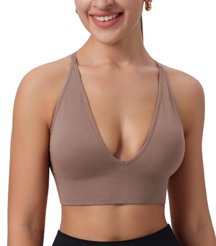Image of Deep V-Neck Adjustable Women's Sports Bra | Wireless Longline Strappy Criss Cross Padded Spaghetti Straps Light Impact Workout Yoga Crop Top