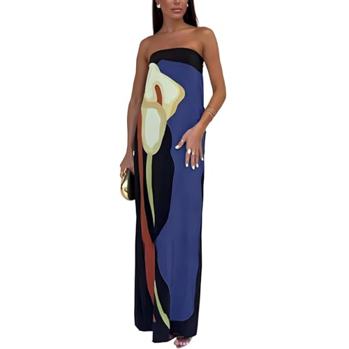 Image of Women Y2k Strapless Maxi Dress Summer Backless Floral Long Tube Dress Off Shoulder Cocktail Party Dress