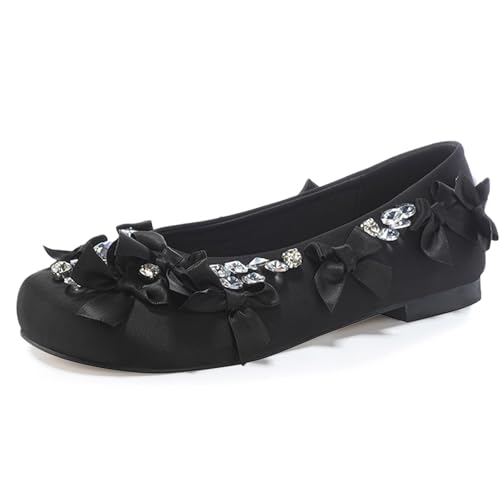Women's Round Toe Rhinestone Flat Shoes Bow Design Soft Sole Slip-On Casual Fashion Flat Shoes Suitable for Work Dance Party