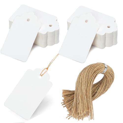 SallyFashion 100pcs Gift Tags with String Attached 1.7 x 2.8 inch Kraft Paper Hang Tags for Clothes DIY Crafts Wedding Holiday (White)