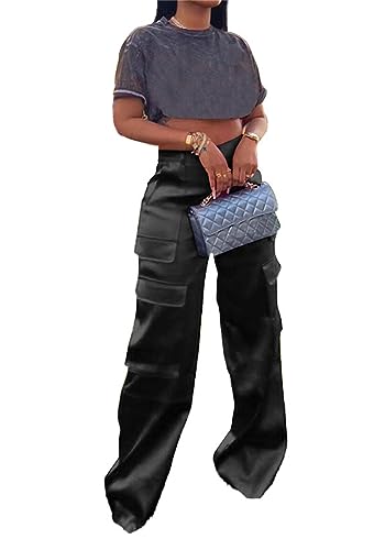 Lucuna Women's Satin Cargo Pants Y2K High Waisted Multi-Pocket Straight Leg Baggy Casual Trousers2