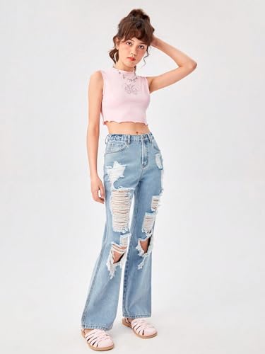 WDIRARA Girl's Cut Out Ripped Pocket Flare Leg Zipper Denim Jeans High Waist Pants3