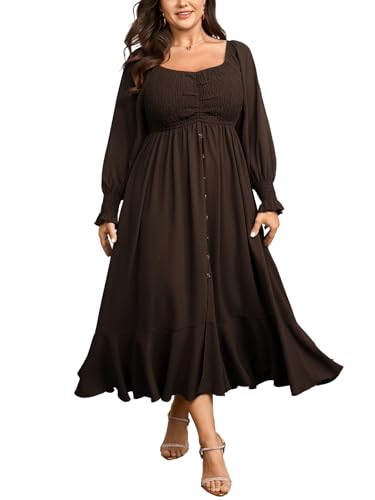 Plus Size Smocked Casual Maxi Dress for Curvy Women Long Sleeve Sweetheart Neckline Fall Dresses Button Down