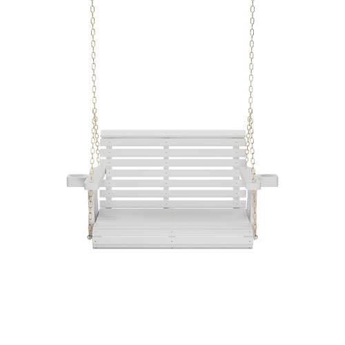 Image of Amish Casual Heavy Duty 700 Lb Capacity Porch Swing with Cup Holders (3 Foot, Semi-Solid White Stain) - Wooden Outdoor Roll Back Swing with Hanging Chains - Amish Made in the USA