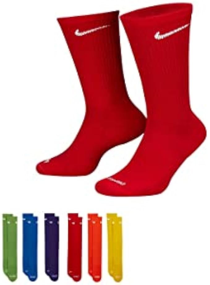 Nike 6 Pack Sports Dri-Fit Moisture Wicking Athletic Crew Socks Red Yellow Blue Green Purple Orange White (Small)
