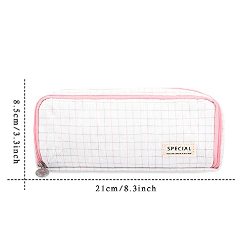 Image of iSuperb Large Pencil Case Big Capacity Pencil Pouch 3 Compartments Pen Bag Canvas Marker Pen Bag for Teen Boys Girls School Students (Plaid Pink)