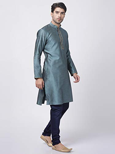 Image of VASTRAMAY Men's Aqua Cotton Silk Blend Kurta and Pyjama Set
