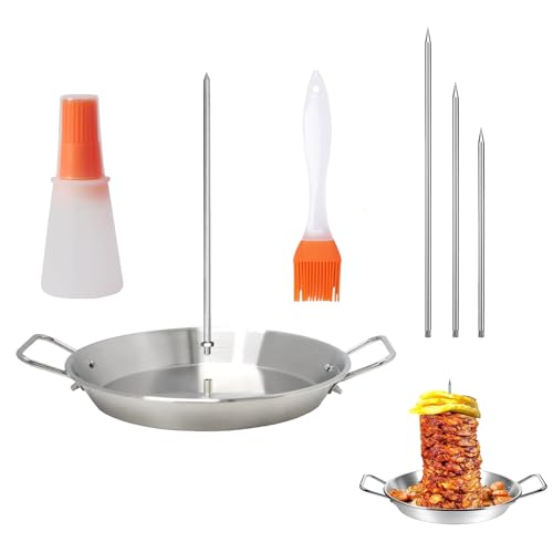 Vertical Meat Skewer Stand - Stainless Steel Grill Rack With Gyro Pan, Oil Bottle, Brush, 3 Removable Skewers for Barbecue Steak Kebab Gyros