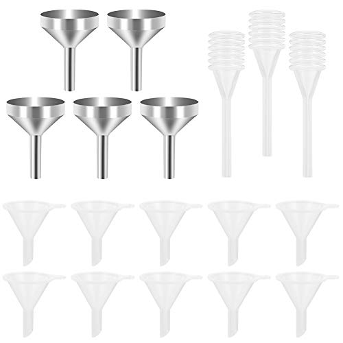 Miuse 5 Stück Kleine Metall Trichter 10 Stück Mini Kunststoff Trichter Mini Trichter mit 3 Stück Mini Pipette zum Befüllen von Kleinen Mini Flaschen Containern Zerstäuber Parfüm Flüssigkeit Cover
