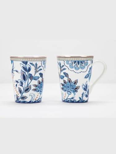 Image of GOLDEN QUEEN'S Mugs Set of 2 for Coffee, Tea, Milk - Ideal for Your Daily Beverage Ritual, Hosting & Casual Gatherings - Blue Blossom (24K Gold on Rim)