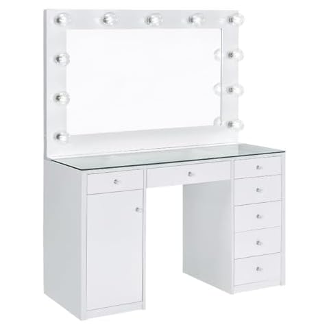 MAKLAINE 61" H x 46" W Modern Wood & Glass Vanity Desk with Clear Tempered Glass Top, 7 Spacious Drawers with Crystal-Like Acrylic Knob, Vanity Mirror with 11 Glove-Style LED Bulbs, in White Finish Cover