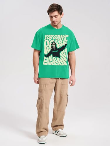 Image of LEOTUDE Half Sleeve Oversized Cottonblend Round Neck Drop Shoulder Printed Men's T-Shirt (Color Rama Green)