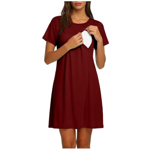 Camisón de maternidad para mujer, camisón de lactancia de manga corta, camisón de hospital, ropa de dormir suave y transpirable con fácil acceso para lactancia, ajuste holgado, cómodo, Wine 01, XXL