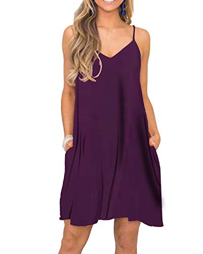 Image of Women's Summer Spaghetti Strap Casual Swing Tank Beach Cover Up Dress with Pockets