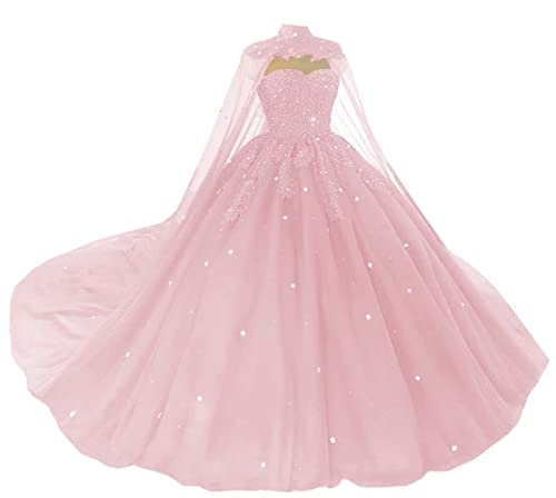 Women's Puffy Tulle Quinceanera Dresses with Cape Lace Sequins Prom Dresses Sweetheart Beaded Ball Gown for Sweet 15 16
