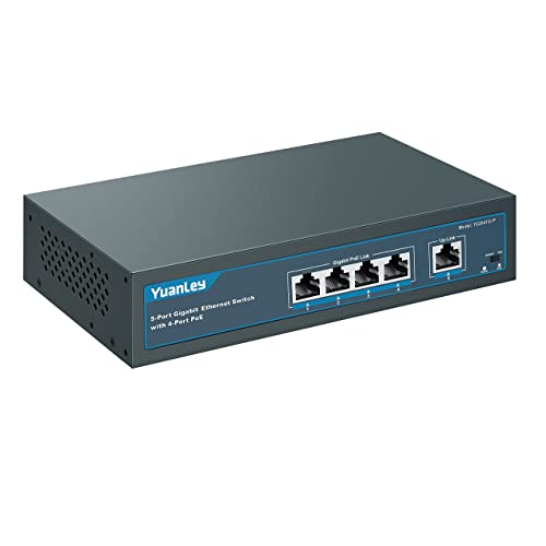 YuanLey 5 Port Gigabit PoE Switch with 4 Port PoE, 802.3af/at 78W Built-in Power, Fanless Metal...
